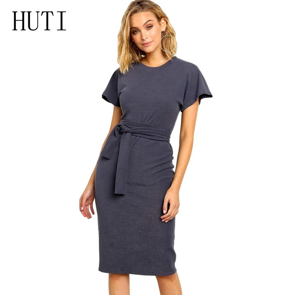 

HUTI New Women's Summer Dress O-Neck Short Sleeve Solid Casual Dress with Waist Belt Women Vintage Hollow Out Dress Vestidos