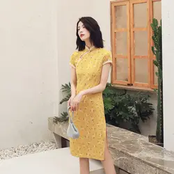 Qipao Cheongsams платье китайский женский хлопок современный традиционный принт ретро-платье Ципао с коротким рукавом халат тонкие платья дамы