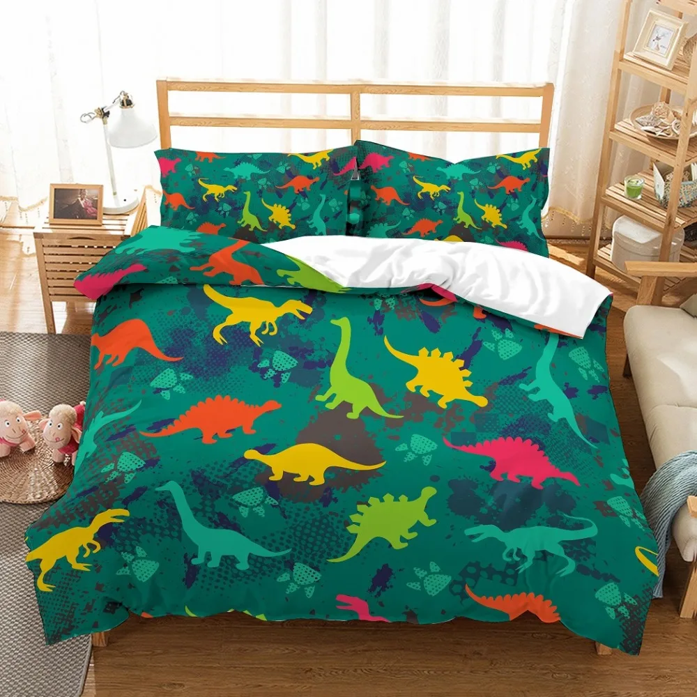 

3D Printed Various Yellow/Red/Green/Blue Dino Forest Bedding Set 3 Pieces with 2 Pillowcase Cartoon Animals Kids Duvet Cover Set