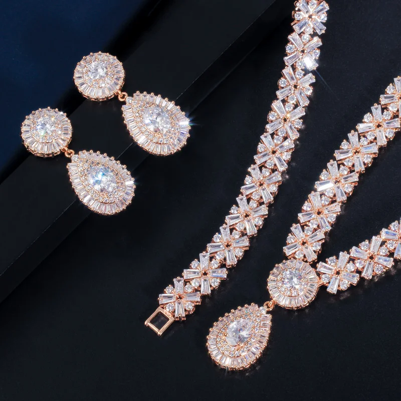 CWWZircons Exclusive Dubai Gold Plate Jewellery Luxury Cubic Zirconia Necklace Earring Bracelet Party Jewelry Set for Women T053 bridal jewelry sets