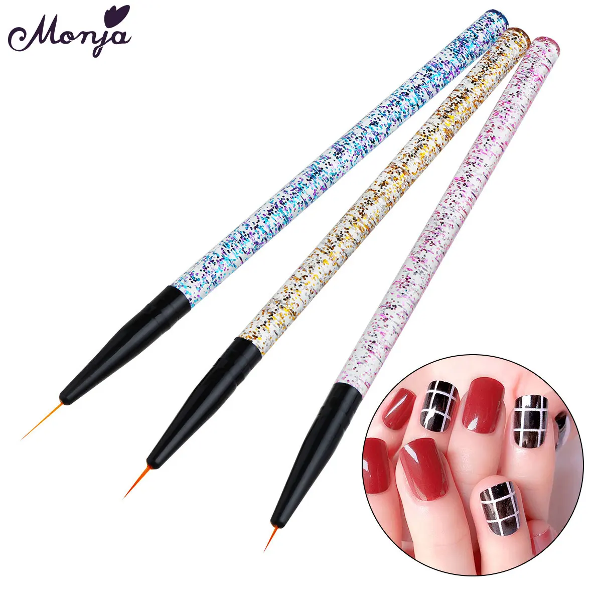 

Monja 3Pcs/Set Nail Art Acrylic Handle French Lines Stripes Liner Painting Brush Flower Pattern 3D DIY Drawing Pen Manicure Tool