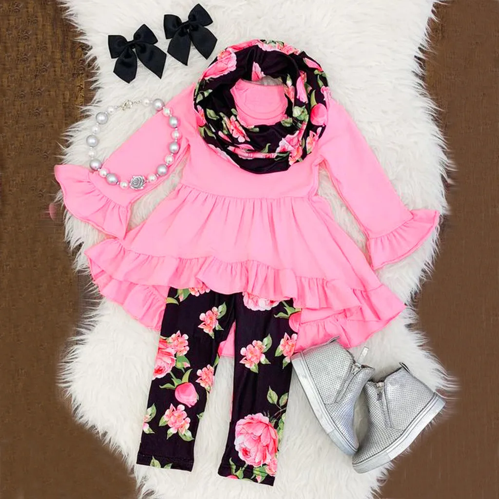 

2pcs Girls Clothes Set Newborn Baby Girl Solid Tops Shirt+Flower Print Pants Long Sleeve Autumn Outfits Set For Girl Clothes T6#