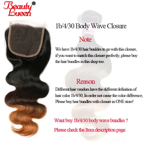 Ombre Brazilian Body Wave Lace Closure 1b 4 30 4x4 Free Part