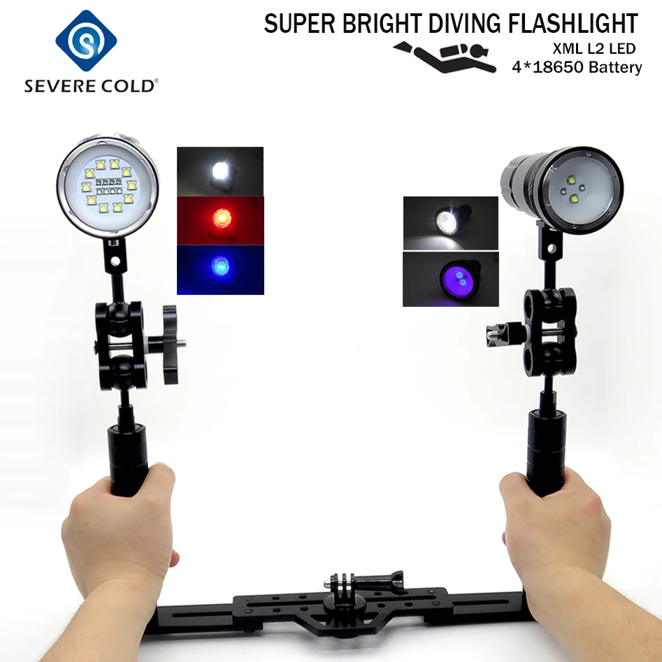 

Severe Cold Professional 18650 Diving Video Light Underwater Photograph Torch LED White Red UV Light Scuba Flashlight Tray Kit