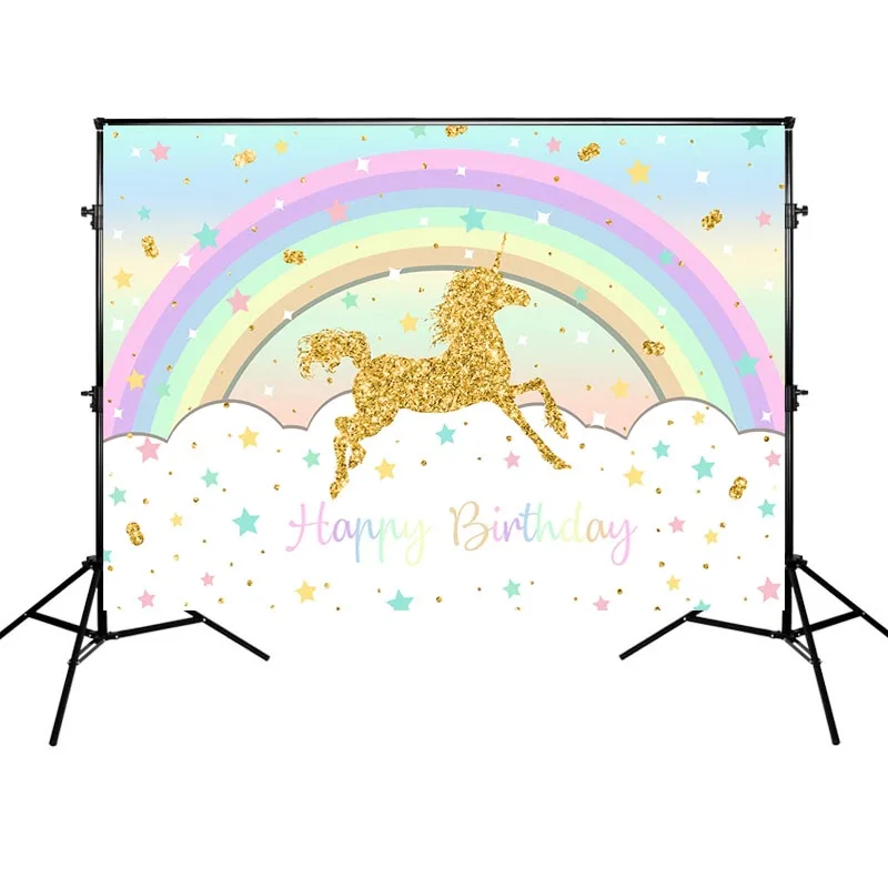 

Happy Birthday Party Backdrop Rainbow and Golden Horse Background Customized Photographic for Photo Studio