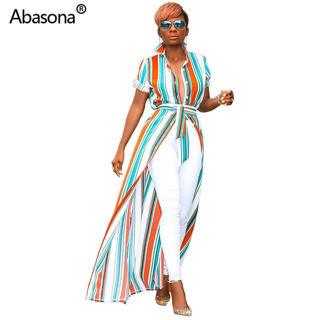 

2019 Women Summer Striped Print Open Stitch Short Sleeve with Sashes Maxi Blouses Shirt Vintage Long Dress Vestido Plus Size