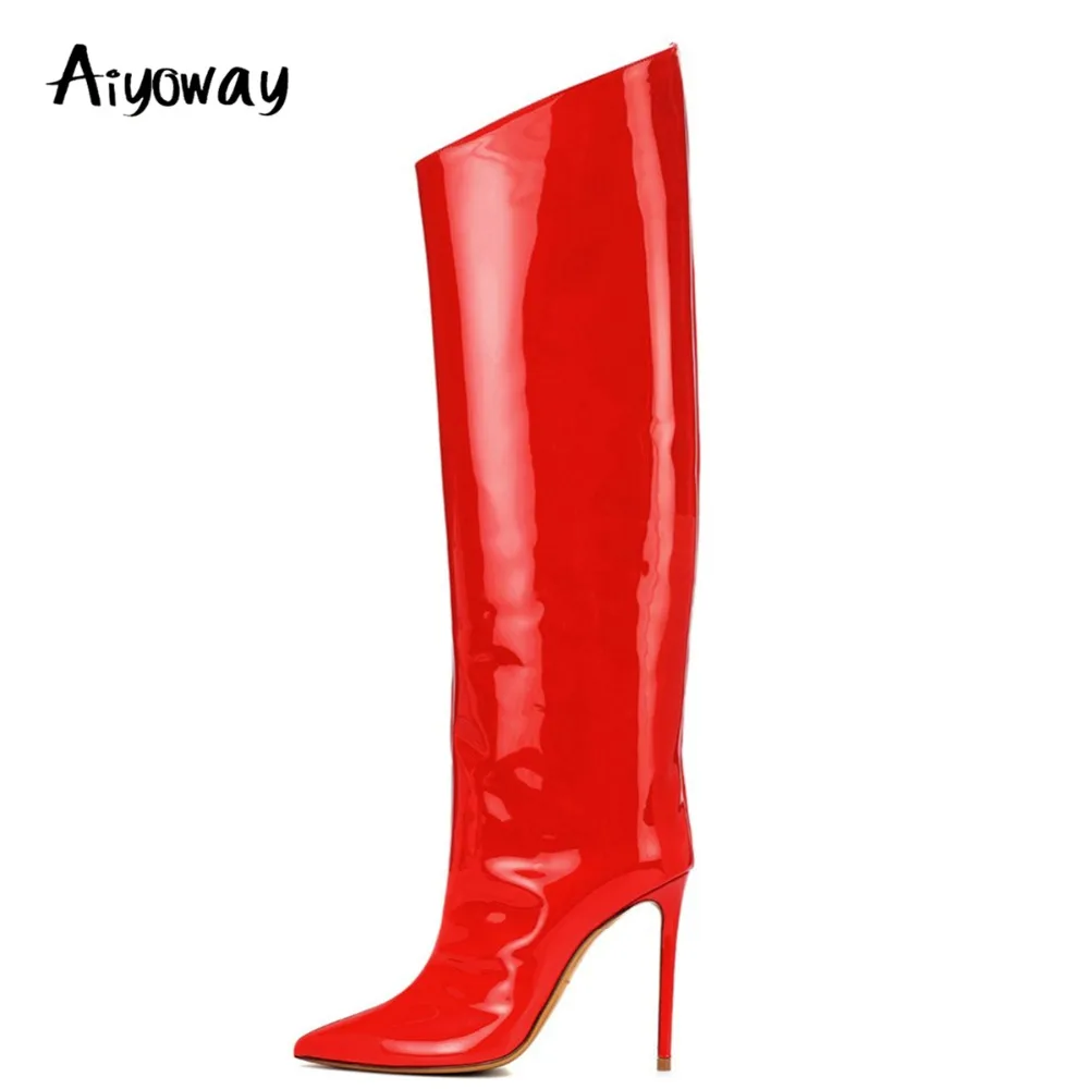 

Aiyoway Women Knee High Boots Shiny Red Patent Leather Winter Shoes Ladies Pointed Toe High Heel Full Zipper Casual 2019 Fashion