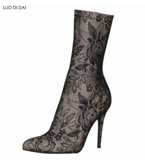 

2018 sexy women black lace boots thigh high red lace booties thin heel over knee high boots point toe high heel mujer botas