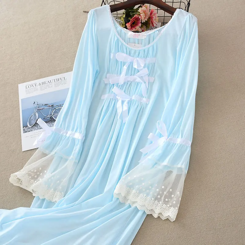 Летняя новая кружевная ночная рубашка с длинным рукавом одноцветное, из модала размера плюс женская ночная рубашка с круглым вырезом Ночное платье Ночная рубашка сексуальная одежда для сна - Цвет: Небесно-голубой