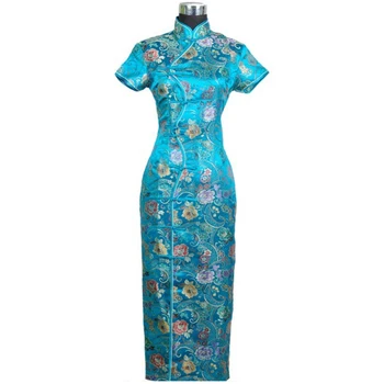 

Hot Sale Blue Chinese Women's Traditional Dress Silk Satin Long Qipao Handmade Button Cheongsam Flower S M L XL XXL XXXL WC023
