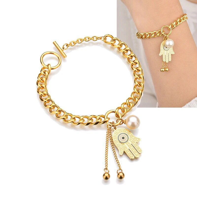 

MxGxFam 20 cm Fatima Palm Evil Eye Charm Bracelets Jewelry For Women 316L titanium steel Gold Color No Fade