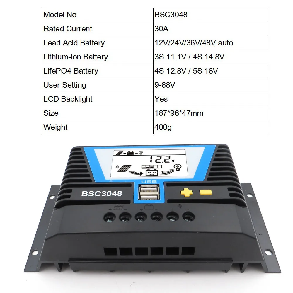 RP10 10A 30A 60A 80A 12 В 24 в автоматический Солнечный контроллер заряда PWM солнечное зарядное устройство солнечные регуляторы PV с ЖК-дисплеем и 5 В - Цвет: 30A