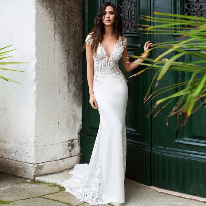 

Sexy Mermaid Wedding Dresses 2019 Vintage Lace Illusion V- Neck Bridal Gown Boho Backless Wedding Bride Dress Free Shipping