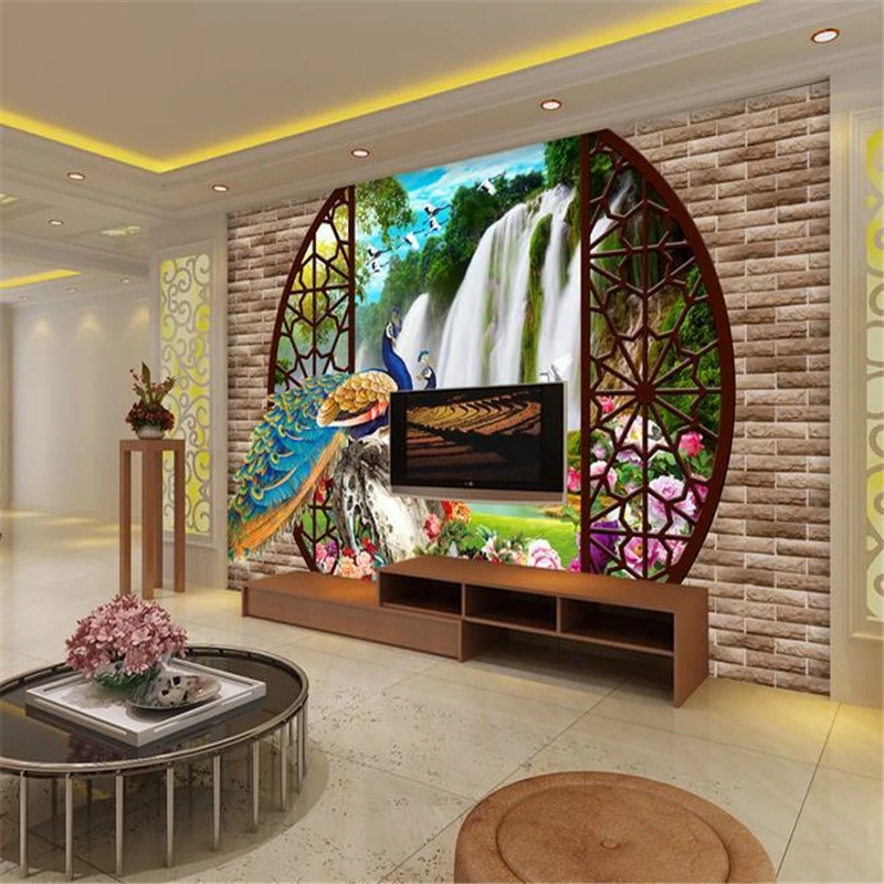 

beibehang 3d peacock waterfall views murals Europe TV backdrop brick wallpaper living room bedroom murals papel de parede