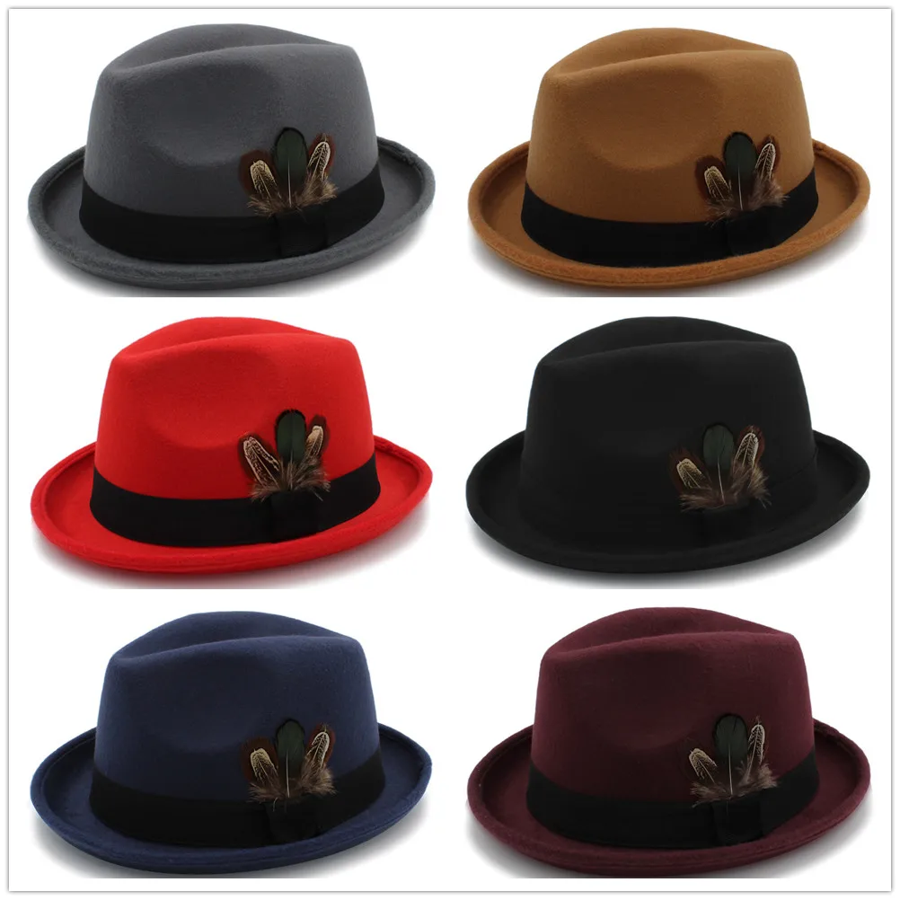 Модные женские мужские шерстяные фетровые шляпы для джентльмена, папы, свернутые шляпы с перьями, декоративная церковная шляпа, Мужская джазовая Кепка, Панама, шляпа