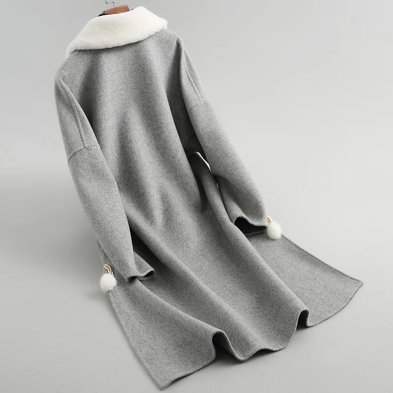 AYUNSUE 2018 New Fashion Wool Coat Female Autumn Long Double-sided Wool Coats Winter Women Lamb Fur Collar casacos 38032 WYQ1740