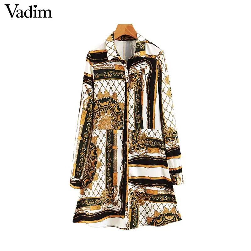 

Vadim women retro chains print mini dress long sleeve turn down collar vintage female casual dresses chic A line vestido QB390
