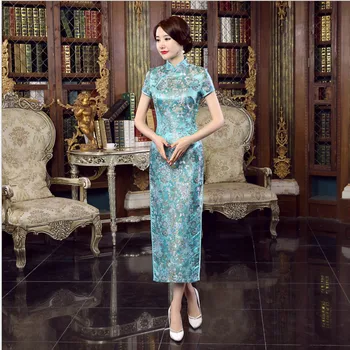 

Hot Sale Blue Chinese Style Formal Dress Women Silk Satin Long Qipao Vintage Elegant Flower Cheongsam S M L XL XXL XXXL NC047