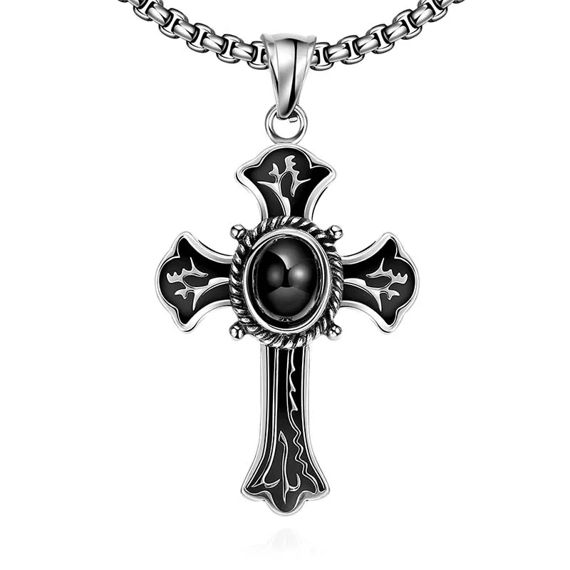 

Punk Black Stone Cross Pendant Necklace for Men Vintage 316L Stainless Steel Prayer Christian Charming Gifts Jewelry