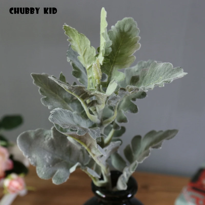 

12 шт./лот! Искусственные растения большого размера, флокирующие senecio cineraria Diy, листья пыльного мельника, искусственная зеленая центомочевина, оптовая продажа