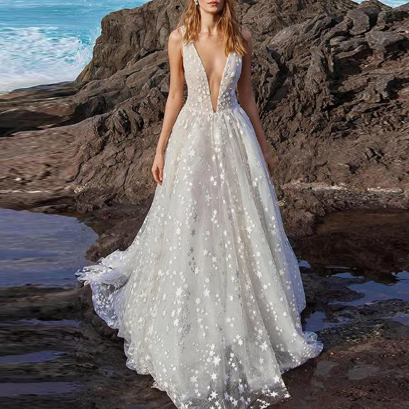 

new arrival 2019 summer bohemian dress white mesh formal dress women elegant deep v neck sleeveless backless maxi dresses