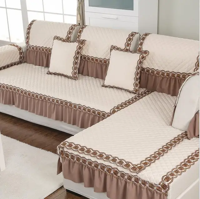 Modern Polyester Fabric Sofa Cover Lace Vertical Design Slip Resistant Sofa Armrest Towel Couch