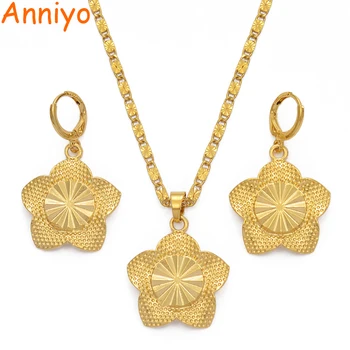 

Anniyo Gold Color Flowers Jewelry set Pendant Necklaces and Earrings sets for Women Girls Wedding Jewellery Gift #017716