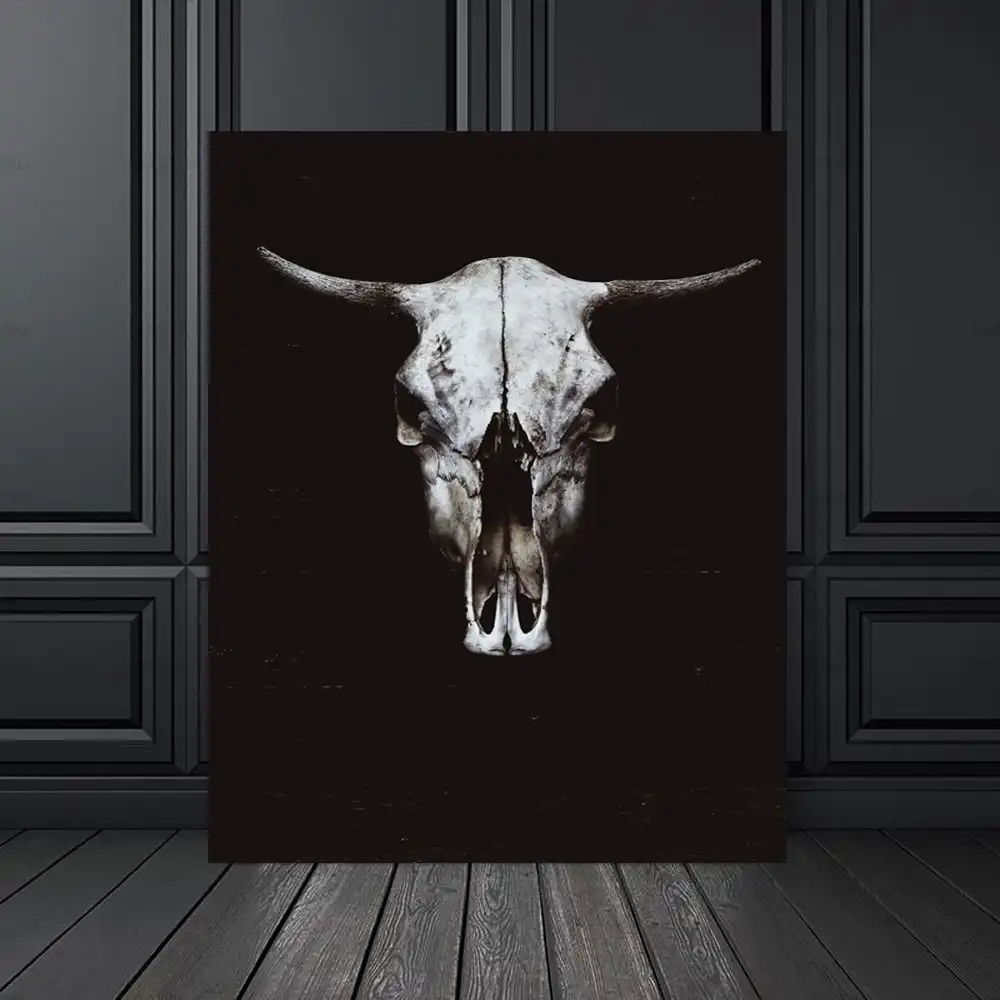 Nordic Canvas Painting Black White Cow Skull Animal Face Print