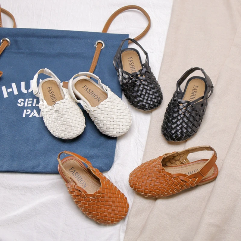 

2019 Girls Summer Sandals Sweet Woven Baby Girl Toddler Kids Shoes Close Toe Casual Slipper Beach Shoes Coffee Black White TX450