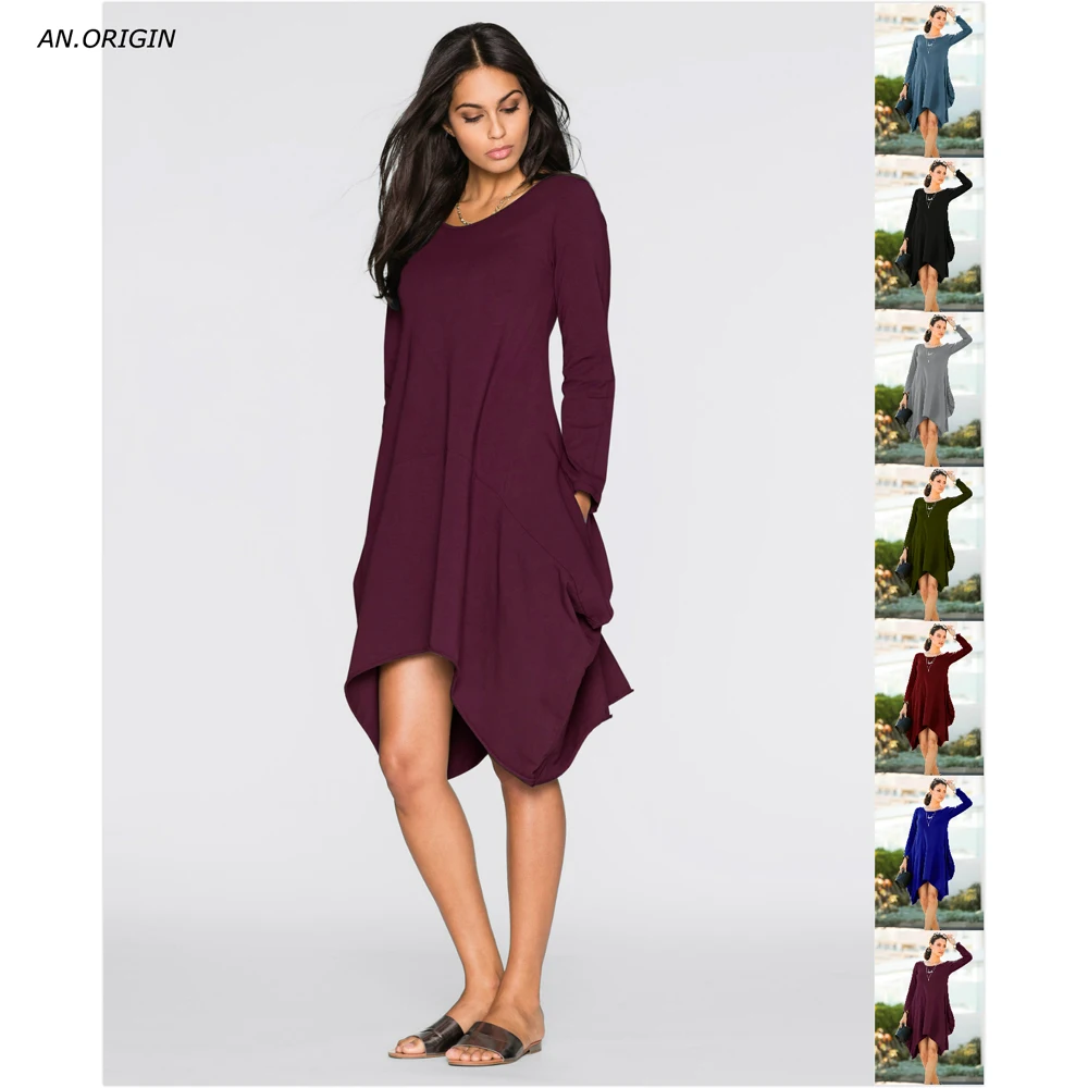

Womens dresses 2019 Pocket Loose Dress Ladies Crew Neck Casual Long girl Tops Long sleeves Dress female fashion big vestido