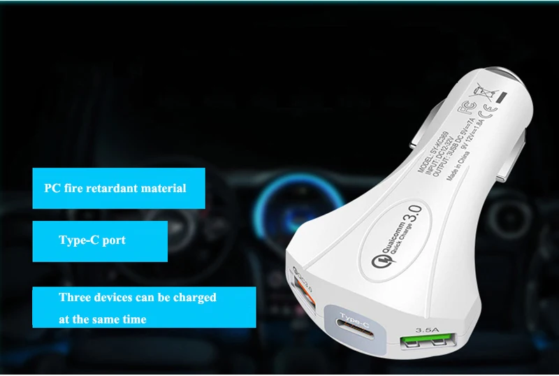 02QC3.0 Fast Charge Car Charger 3 Port Type-C QC3.0 3.5A Port Car Mobile Phone Adapter