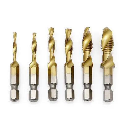 

6 x M3-M10 Hex Shank Titanium Plated HSS Hand Screw Thread Metric Tap Drill Bits