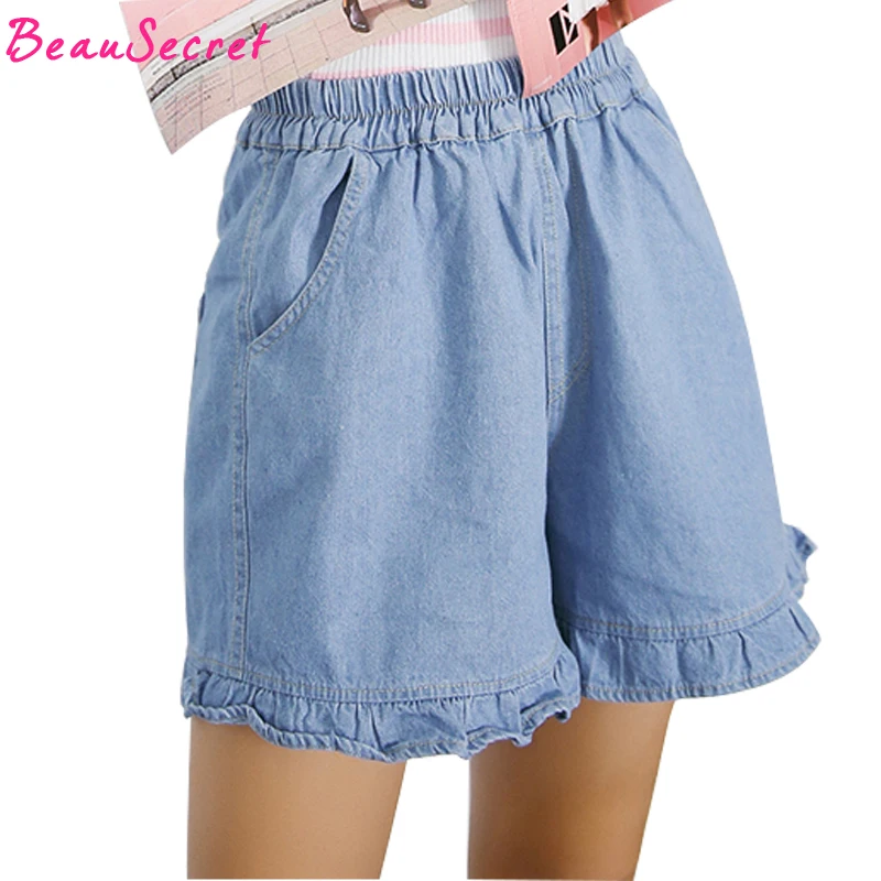 S5XL 2018 ruffle denim shorts women summer fashion loose plus size