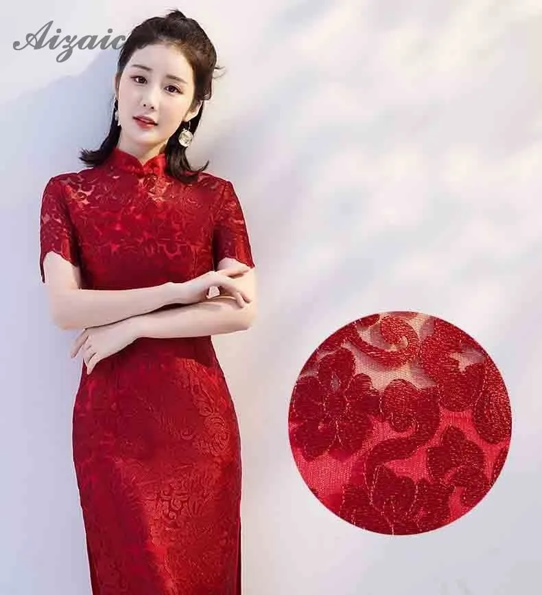 Красный кружево Длинные Cheongsam современный Chinoise Платья для вечеринок Qi Pao для женщин Китайский вечернее платье Мода Тонкий Qipao Женская Роба в