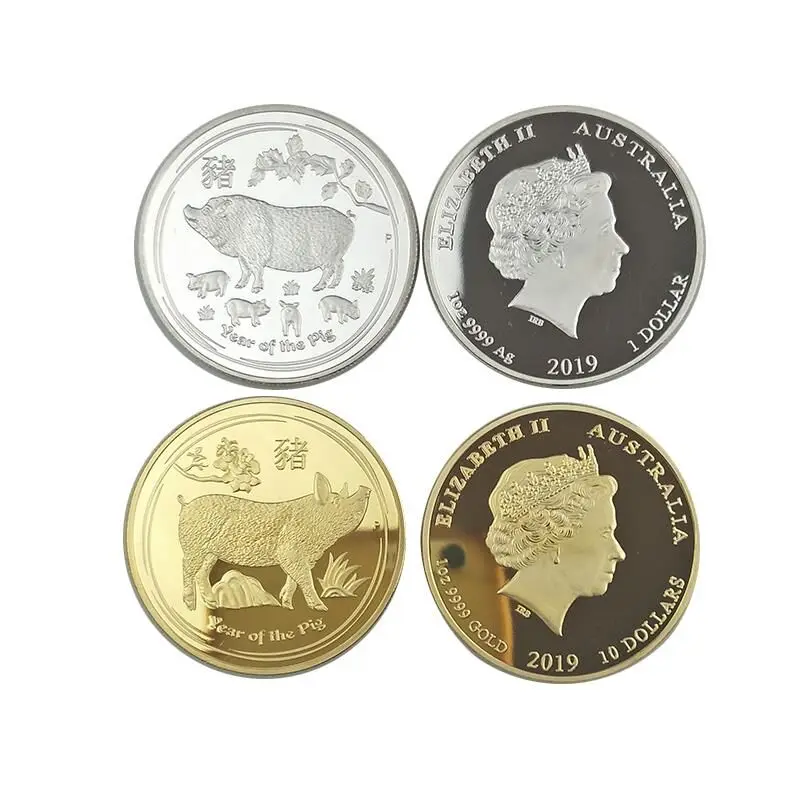 

2 шт., немагнитные монеты в виде поросенка, 2019, с китайскими знаками Зодиака, серебряный, позолоченный значок 40 мм, Элизабет, сувенирное украшение, монета