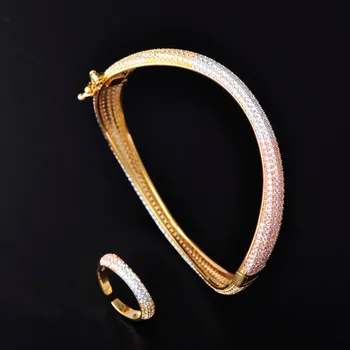 

Blucome New Fashion Delicate Semicircle Jewelry Set Exquisite Zircon Bangle Ring Sets For Women Anniversary Banquet Wedding Gift