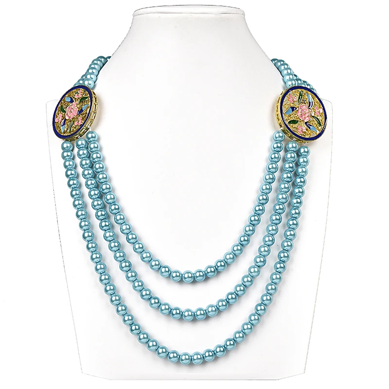 

3 rows Light blue multiple bead and Delicate links Synthesis pearl gem necklace, can give a holiday gift