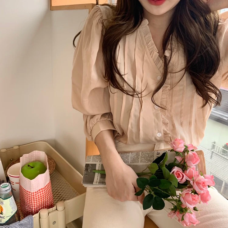 

Sweet Lady Ruched Hem V Neck Blouse Spring Summer Puff Sleeve Top Women Shirt Chemise Femme Chemisier Blusa Mujer Camisa