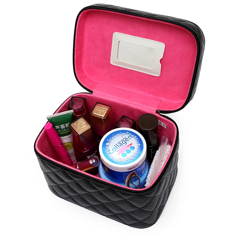 Women Professional Cosmetic Bag Lovely Casual Hand Held Travel Makeup Box Leather High End Storage Bag