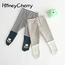 Новые осенние детские хлопковые колготки в полоску с машинной вышивкой, детские штаны в Корейском стиле