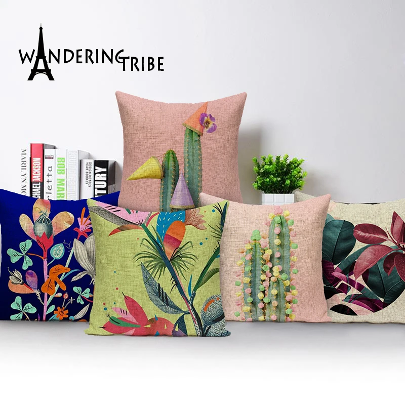 Botanical pillow linen cushions home sofa decor colorful Custom pillow cover cactus coussin outdoor cushions Dropshipping