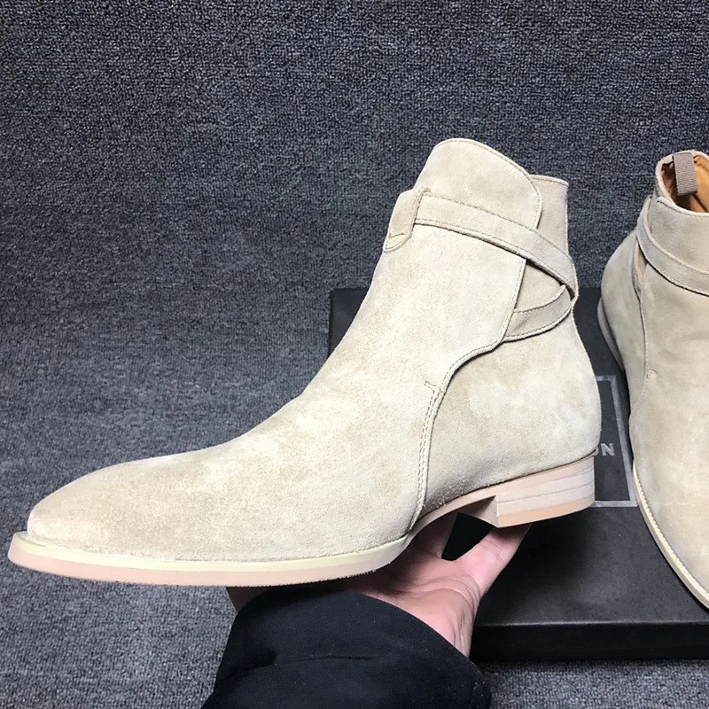 Абрикосовые высококачественные замшевые ботинки унисекс с пряжкой на ремешке мужские ботинки челси из натуральной кожи до колена в западном стиле