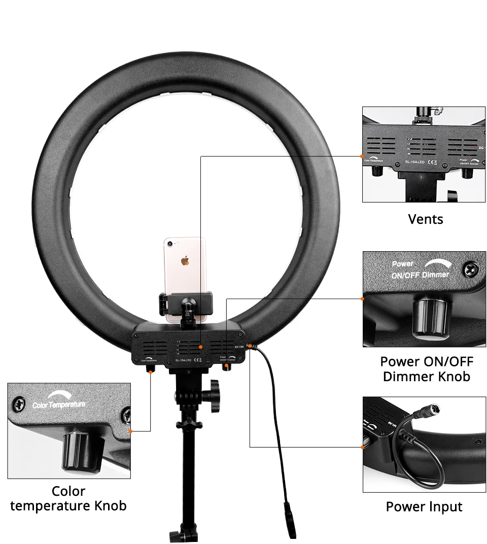 Travor светодиодный кольцевой светильник, 18 дюймов, кольцевой светильник, фото светильник, кольцо со штативом, держатель для телефона, для YouTube, макияж, студия, фотография, ringligt
