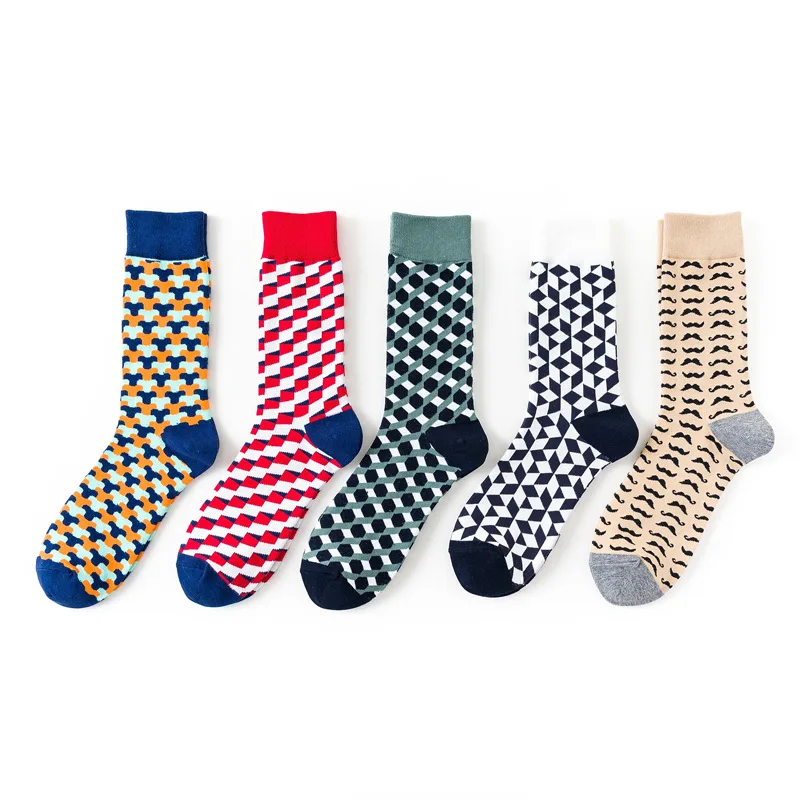 

New men's cotton fashion diamond lattice large size high quality color combed cotton business casual socks 5 pairs