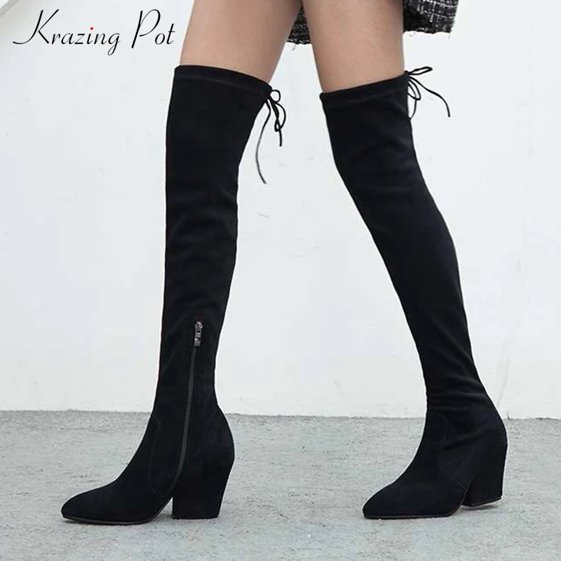 

Krazing Pot sheep suede pointed toe stretch boots style gladiator keep warm big size fashion solid color over-the-knee boots L14