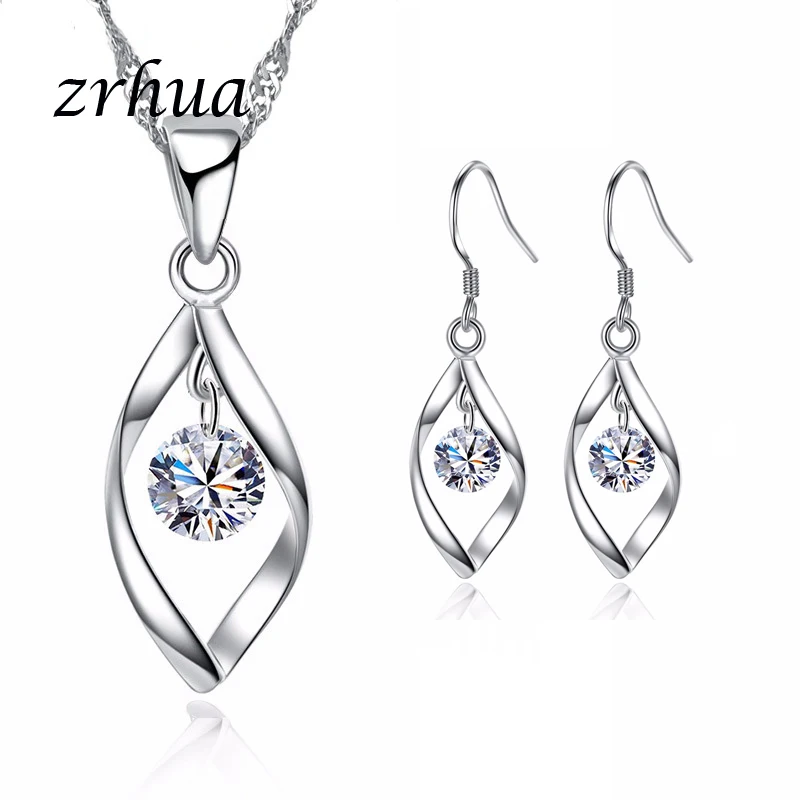 ZRHUA высокое качество серебро 925 ювелирные наборы блестящие AAA+ подвеска со стразами фианит Ожерелье Комплект сережек для женщин Свадебные украшения