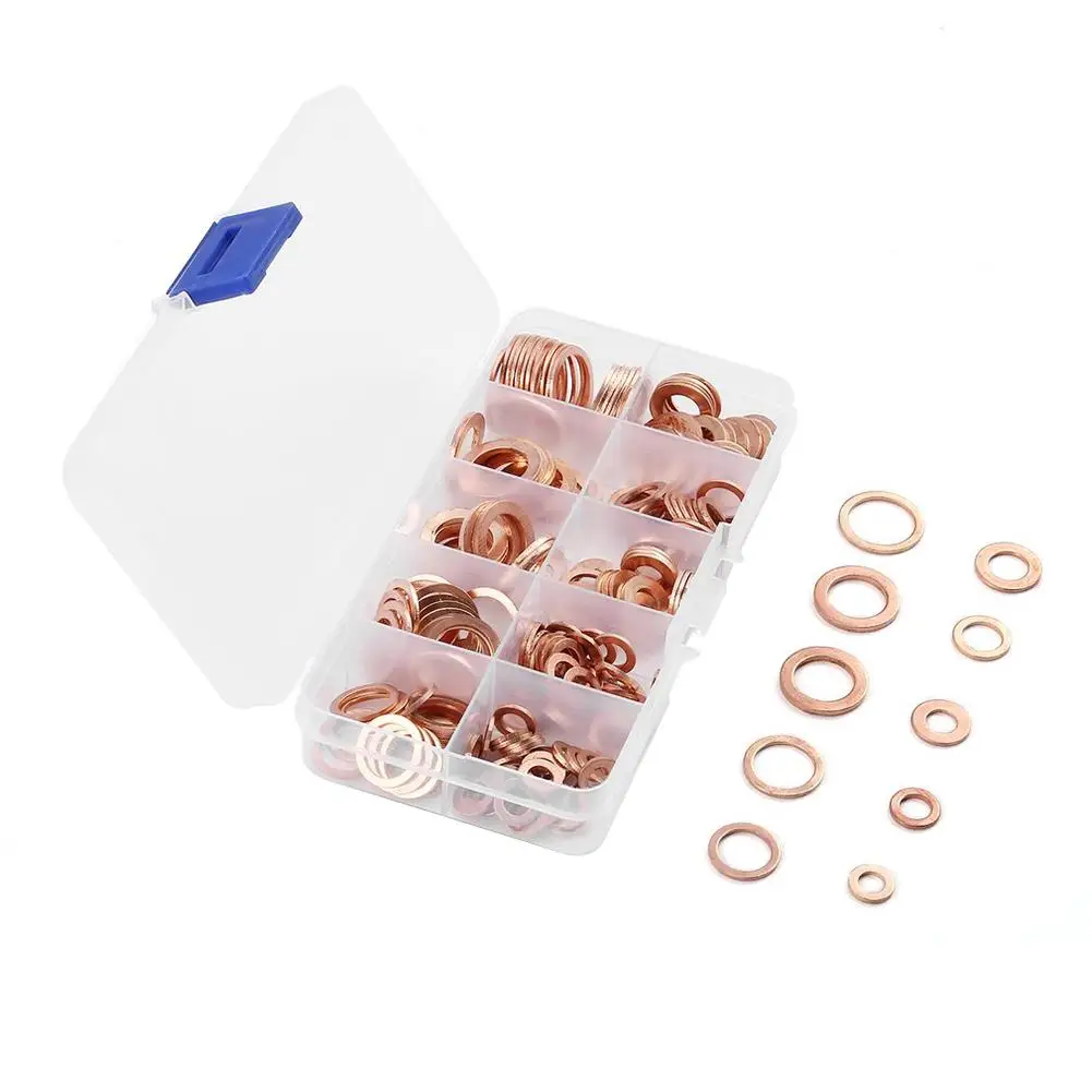 

200pcs Solid Copper Washer Flat Ring Sump Plug Oil Seal Assorted Set with Box M5-M14 For Hardware Accessories
