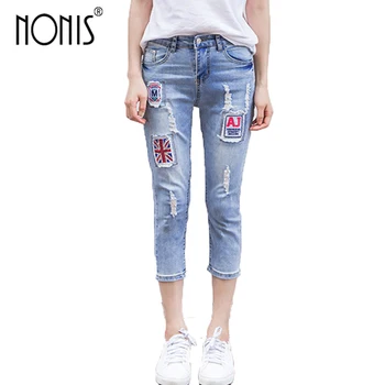 

Nonis 2018 New Spring Ripped Patchwork Boyfriend jeans Women Casual Mid waist Street wear soft jeans female Loose trousers