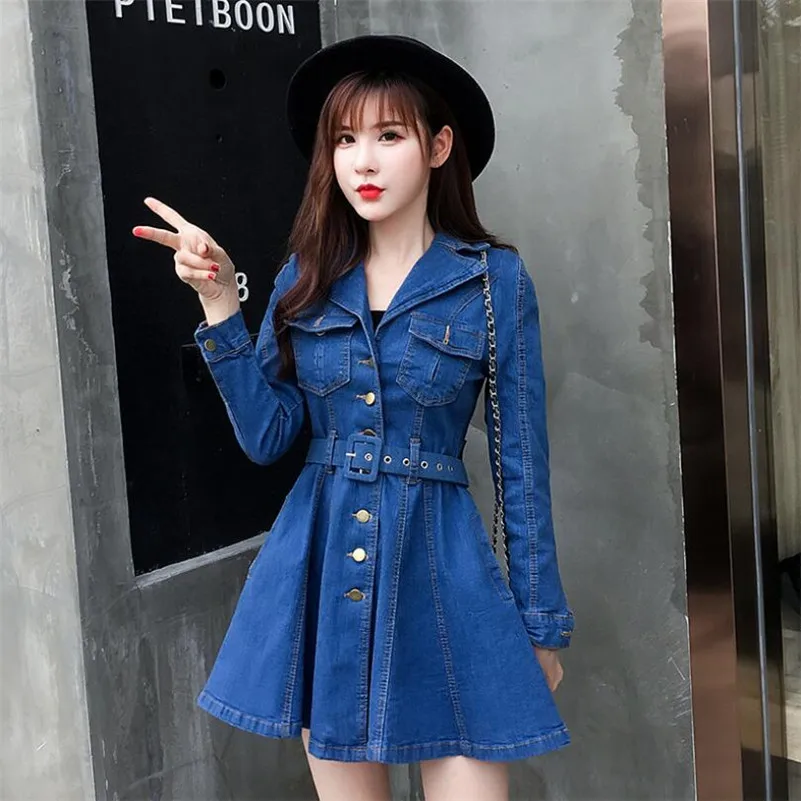 

2019 Autumn new women long sleeve slim Turn-down Collar Denim dress Single-breasted With Belt high waist mini jeans dresses p942