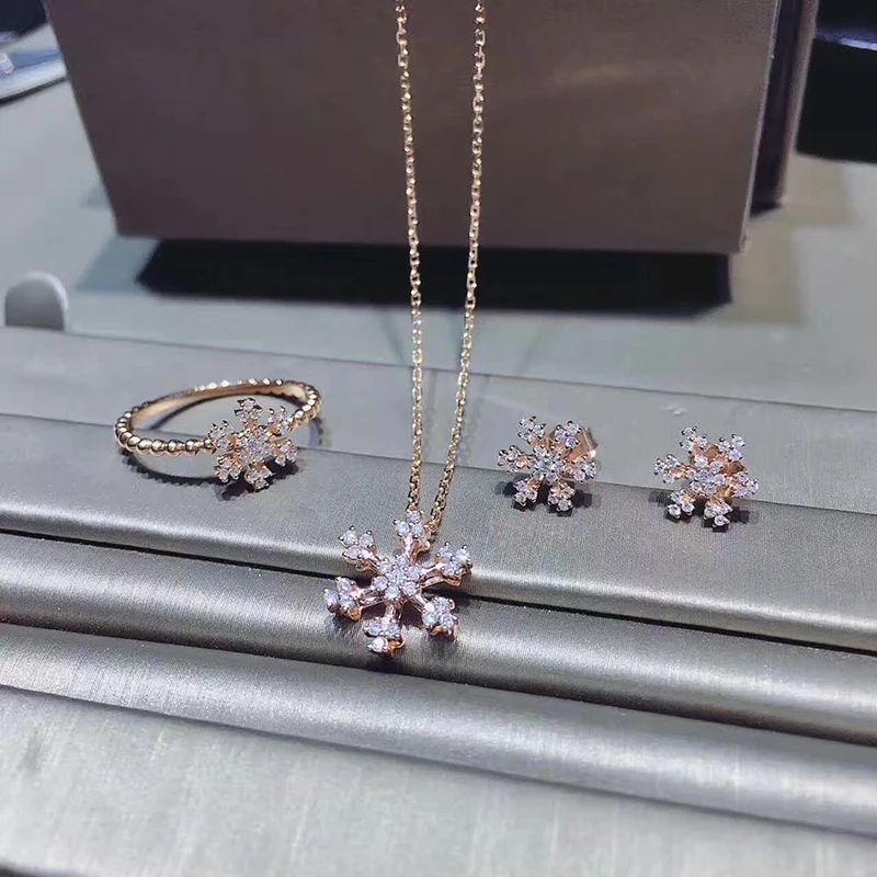 AINUOSHI Кольцо C настоящим бриллиантом набор из сережек и кулона SI1 H драгоценный камень Снежинка Дизайн Роскошный 18K из розового золота женские свадебные украшения
